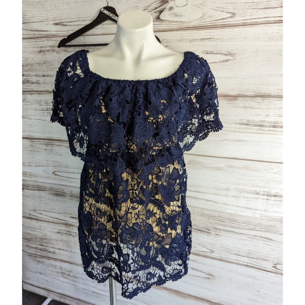 Romeo + Juliet Lace Off the Shoulder Navy blue tiered dress sz Small